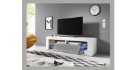 Meuble TV design MONTBLANC 140 cm, 1 porte et 2 niches, coloris blanc et gris + LED.
