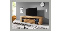 Meuble TV design MONTBLANC 140 cm, 1 porte et 2 niches, coloris chêne Wotan + LED.