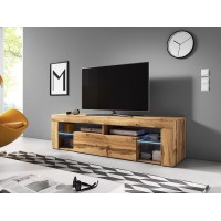 Meuble TV design MONTBLANC 140 cm, 1 porte et 2 niches, coloris chêne Wotan + LED.