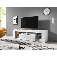 Meuble TV design MONTBLANC 140 cm, 1 porte et 2 niches, coloris blanc mat et blanc brillant