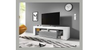 Meuble TV design MONTBLANC 140 cm, 1 porte et 2 niches, coloris blanc mat et gris brillant