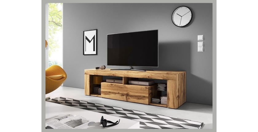 Meuble TV design MONTBLANC 140 cm, 1 porte et 2 niches, coloris chêne Wotan.