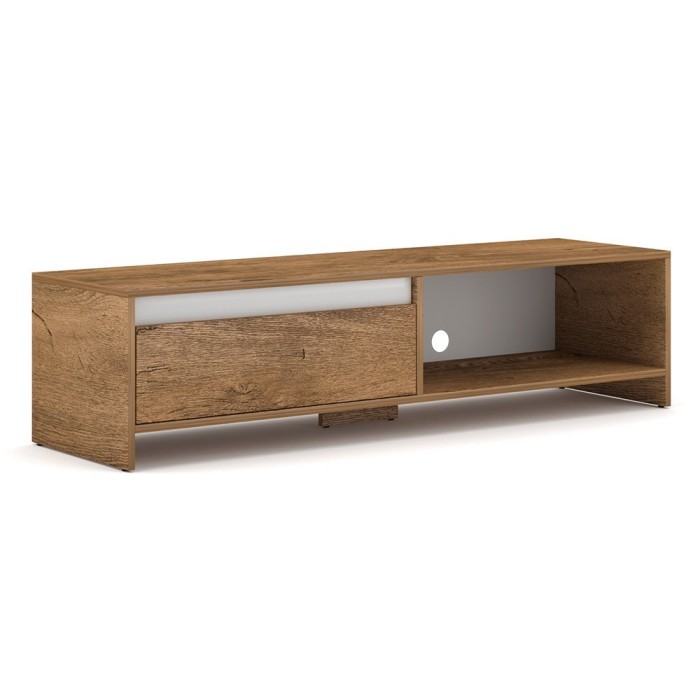 Meuble TV design LISSE 140 cm, 1 porte et 1 niche, coloris chêne foncé.