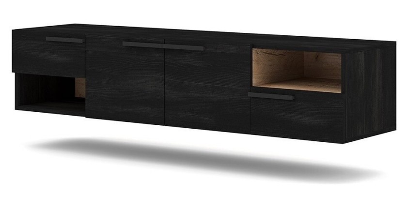 Meuble TV design suspendu NOAH 140 cm. 2 portes et 2 tiroirs. Coloris noir et chêne
