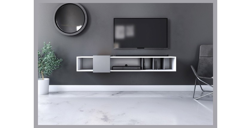 Meuble TV design suspendu SINA 150 cm. Coloris blanc et gris anthracite
