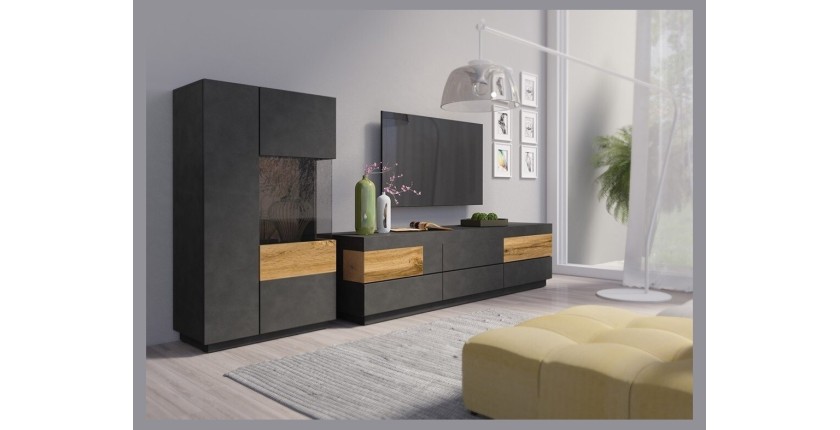 Meuble TV XL 200cm collection KILES. Coloris gris anthracite et chêne. Style design.