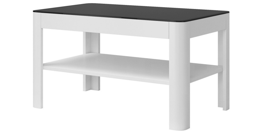 Table basse collection TONGA. Meuble type DESIGN coloris blanc plateau en verre fumé noir.