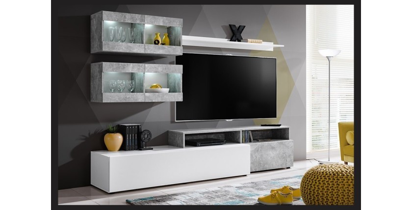 Ensemble salon SLITE. Composition TV murale coloris blanc et gris effet béton. LED incluses.