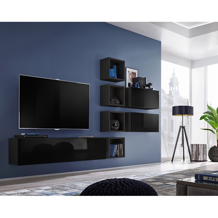 Ensemble meuble TV mural CUBE 7 design coloris noir et noir brillant. Meuble de salon suspendu