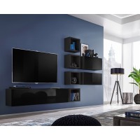 Ensemble meuble TV mural CUBE 7 design coloris noir et noir brillant. Meuble de salon suspendu