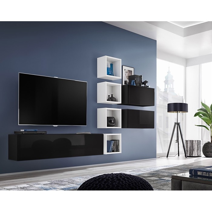 Ensemble meuble TV mural CUBE 7 design coloris noir et blanc. Meuble de salon suspendu