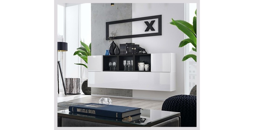 Composition de meubles murales CUBES 5 design coloris blanc et noir. Meuble de salon suspendu