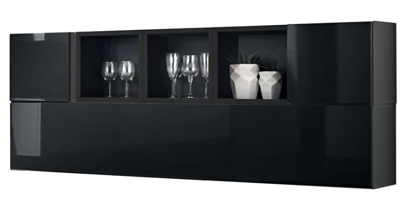 Composition de meubles murales CUBES 5 design coloris noir et noir brillant. Meuble de salon suspendu