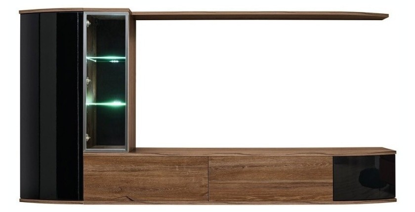 Ensemble complet meuble TV ZENITH. Composition murale effet chêne. LED incluses.