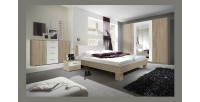 Chambre complète Irina couleur chêne et blanc : Lit 160x200 cm + armoire + commode + chevets.