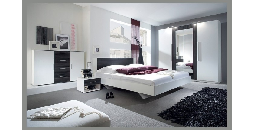 Chambre complète Irina coloris blanc et gris anthracite : Lit 160x200 cm + armoire + commode + chevets.