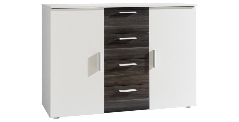 Chambre complète Irina coloris blanc et gris anthracite : Lit 160x200 cm + armoire + commode + chevets.