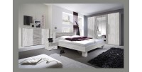Chambre complète Irina imitation bois gris clair et gris foncé : Lit 180x200 cm + armoire + commode + chevets.