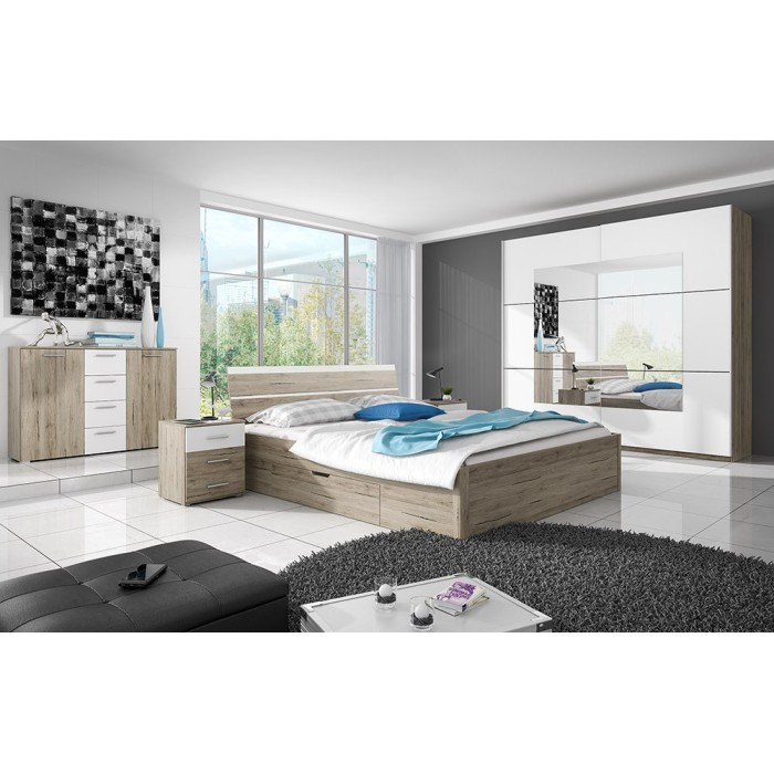 Chambre à coucher EOS : Armoire, Lit 180x200, commode, chevets. Couleur chêne clair et blanc
