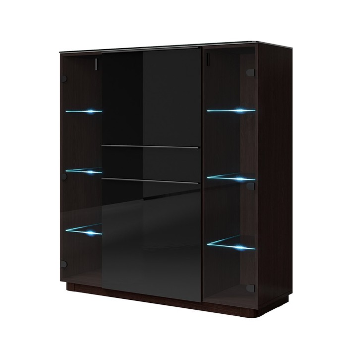 Buffet haut TONGA quatre portes et un tiroirs. Couleur Wengé. LED incluses. Style design.