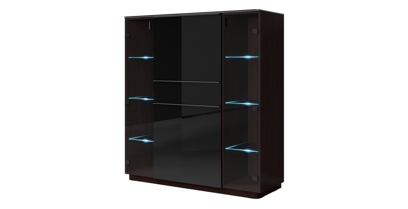 Buffet haut TONGA quatre portes et un tiroirs. Couleur Wengé. LED incluses. Style design.