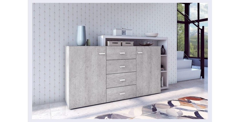 Buffet avec étagère intégrée collection BERGAME 180cm. Coloris Gris et blanc. Style design
