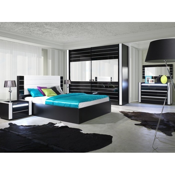Ensemble design pour chambre à coucher LINA noir. Lit coffre 180x200 + 2 chevets avec LED + commode avec LED