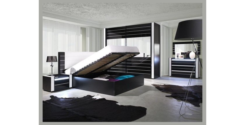 Ensemble design pour chambre à coucher LINA noir. Lit coffre 180x200 + 2 chevets avec LED + commode avec LED