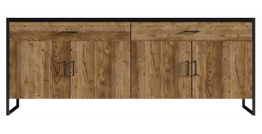 Buffet 200cm style industriel collection ANAFI . Coloris épicéa et noir. 4 portes et 2 tiroirs.