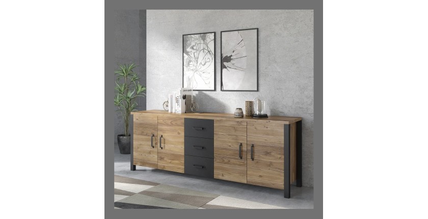 Buffet 220cm collection DARWIN. Couleur épicéa et noir. 4 portes et 3 tiroirs