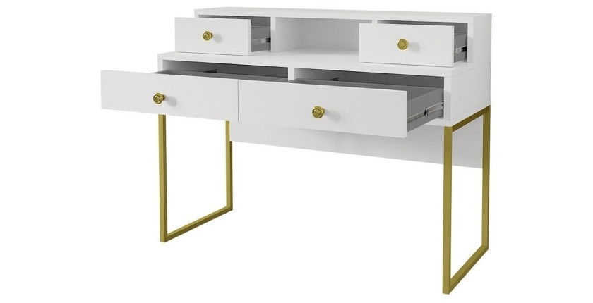 Bureau console avec 4 tiroirs collection DOUGLAS coloris blanc et doré