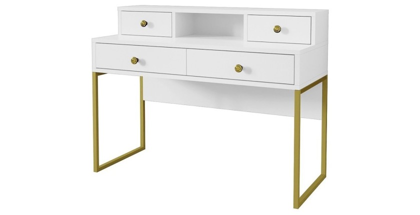 Bureau console avec 4 tiroirs collection DOUGLAS coloris blanc et doré