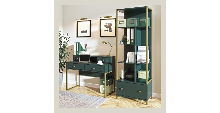 Ensemble de 2 meubles de bureau. Console et étagère collection DOUGLAS coloris vert et doré