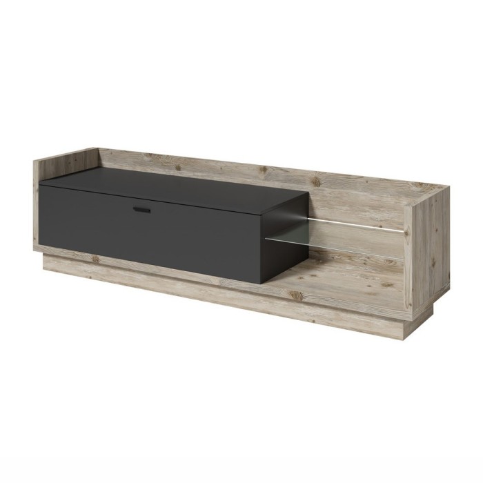 Meuble TV XL 220cm avec LED intégrée. Collection CORK. Coloris Pin et gris anthracite.