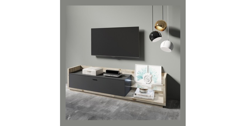 Meuble TV XL 220cm avec LED intégrée. Collection CORK. Coloris Pin et gris anthracite.