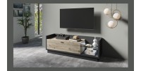 Meuble TV XL 220cm avec LED intégrée. Collection CORK. Coloris gris anthracite et pin.