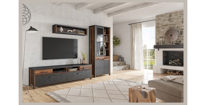 Meuble TV 190cm collection WINDSOR. Coloris gris anthracite et chêne foncé.