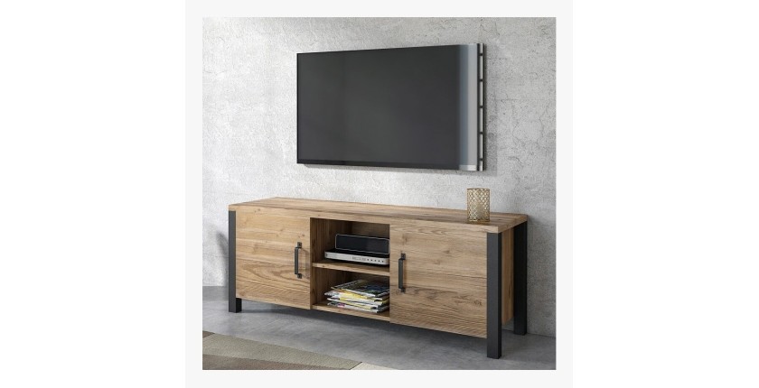 Meuble TV 150cm collection DARWIN. Couleur épicéa et noir. 2 portes et 2 niches