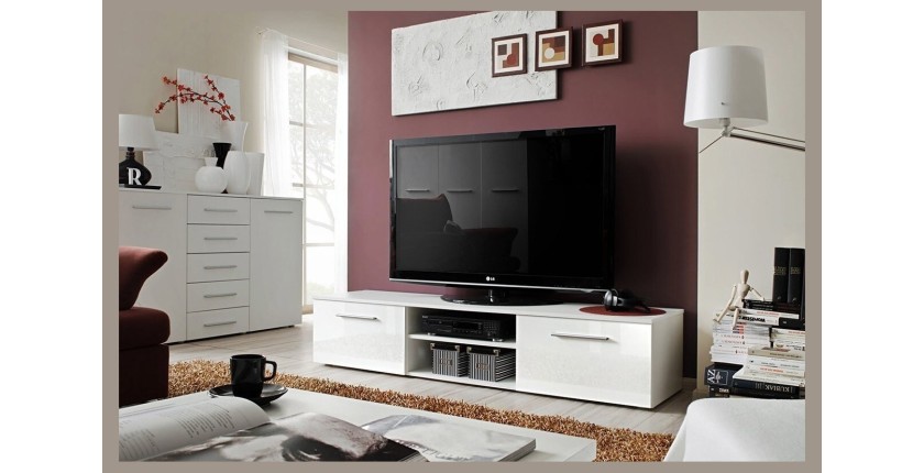 Meuble TV design collection BONOO 180 cm. Coloris blanc finition glossy