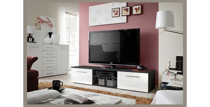 Meuble TV design collection BONOO 180 cm. Coloris noir et blanc.