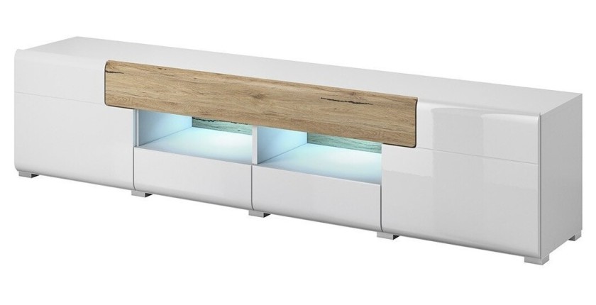 Meuble TV 210cm collection OHIO avec LED intégrée. Coloris blanc et finitions chêne.