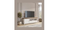 Meuble TV 180cm avec LED intégrées. Collection ASSIA. Coloris frêne blanc et chêne. 1 Porte et 1 tiroir.