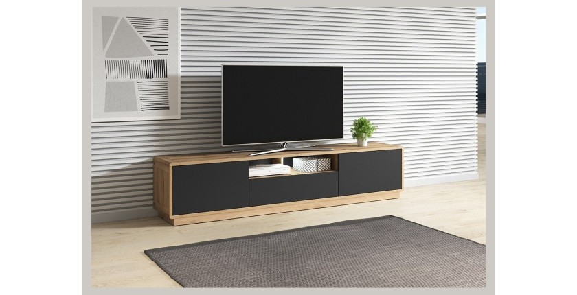 Meuble TV 200cm collection VILLA. Couleur chêne et noir mat. LED intégrée