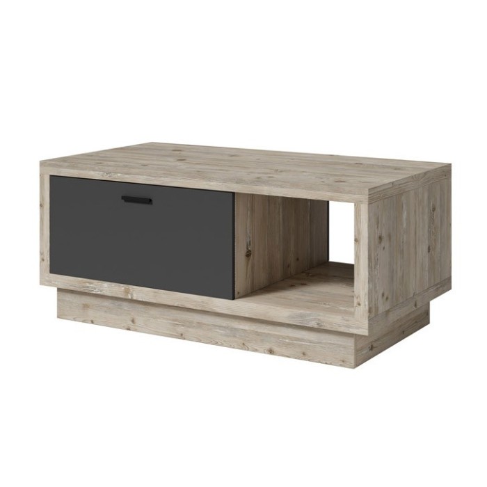 Table basse design collection CORK avec tiroir et niche. Aspect bois et gris.