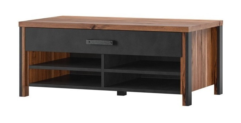 Table basse design collection WINDSOR avec tiroir et niches. Coloris chêne foncé et gris anthracite.