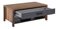 Table basse design collection WINDSOR avec tiroir et niches. Coloris chêne foncé et gris anthracite.