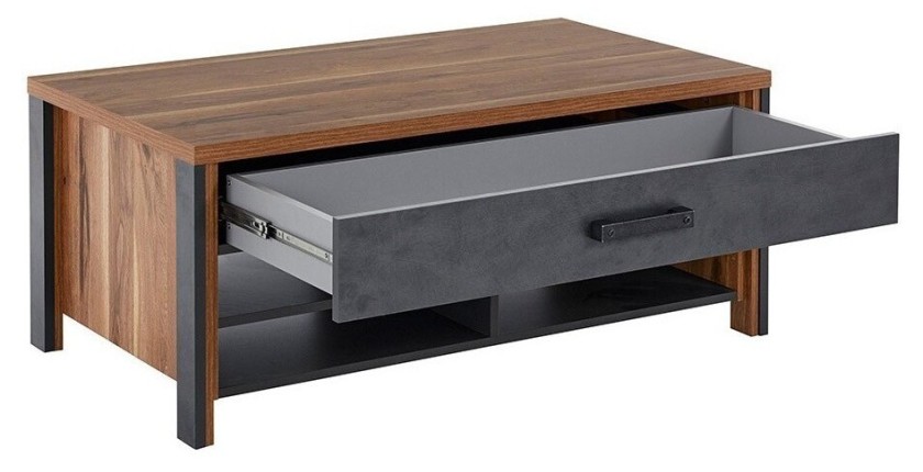 Table basse design collection WINDSOR avec tiroir et niches. Coloris chêne foncé et gris anthracite.