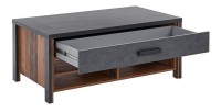 Table basse design collection WINDSOR avec tiroir et niches. Coloris gris anthracite et chêne foncé.