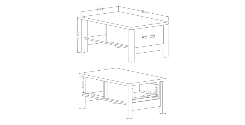 Table basse design collection DARWIN avec un tiroir et une niche. Couleur épicéa et noir.