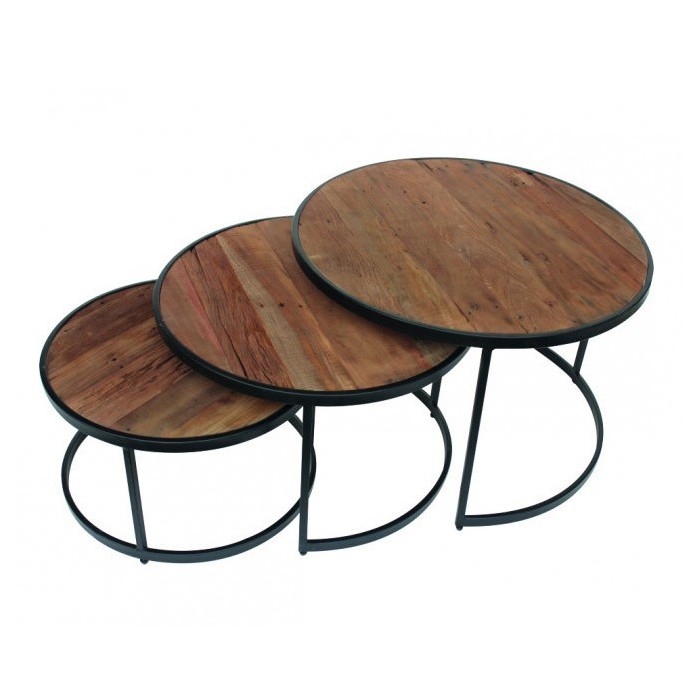 Table basse gigogne ronde en bois massif collection LENOX. Meuble style industriel